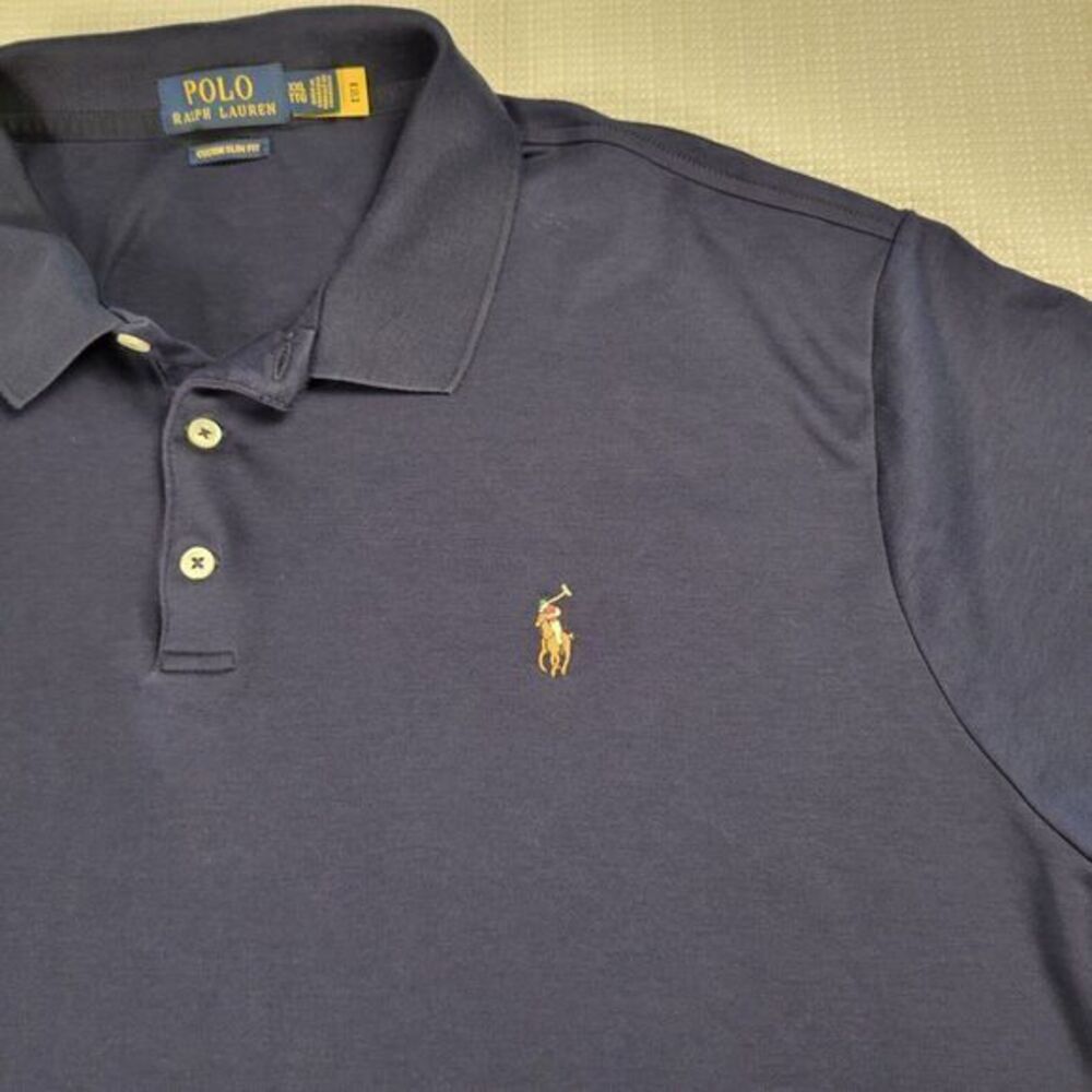 Polo Ralph Lauren Slim Fit Polo Shirt Men's 2XL Navy Short Sleeve Flesh Pony‎
